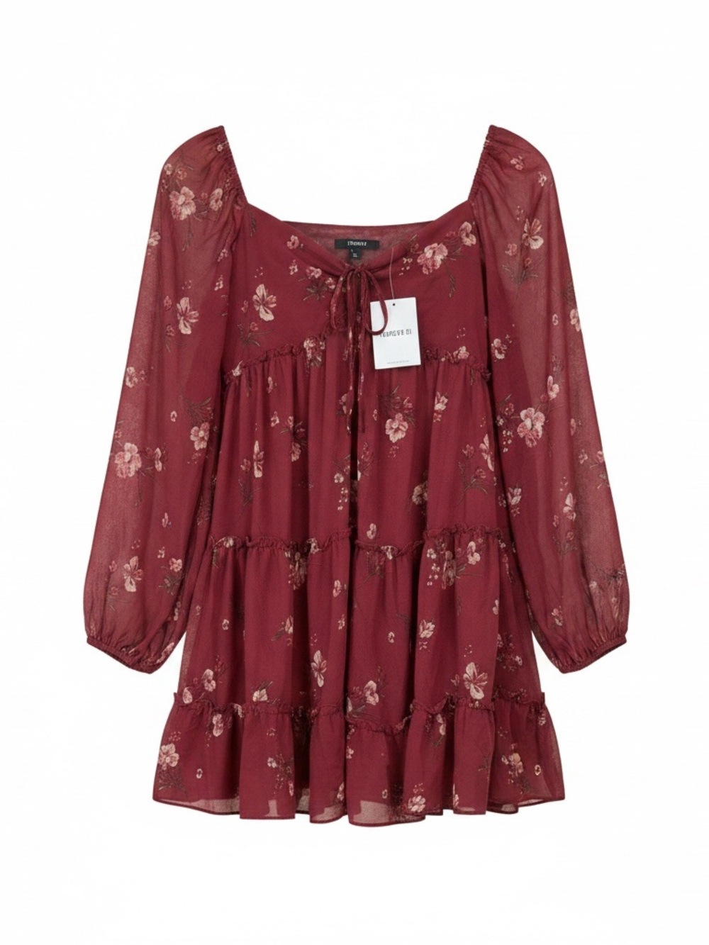 Forever 21 Burgundy Floral Tiered Peasant Midi Dress